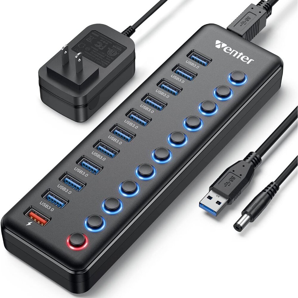 Powered USB Hub, 11-Port USB Splitter Hub 10 Faster Data Transfer Ports+ 1 Smart